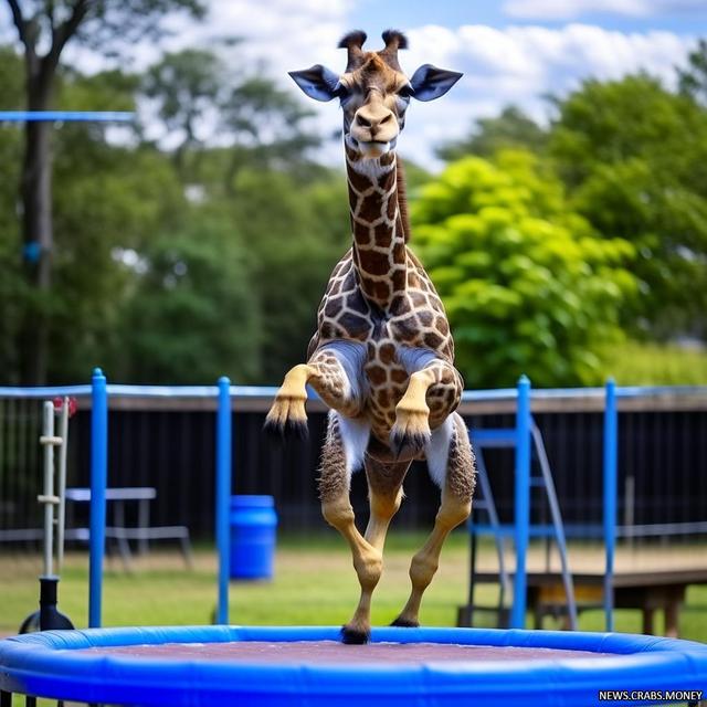Жирафов обучают прыжкам на батуте