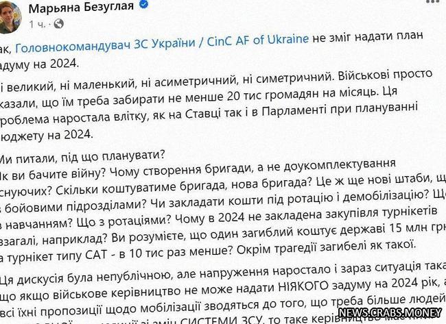 Украинская депутатка требует отставки Залужного из-за отсутствия плана на 2024 год