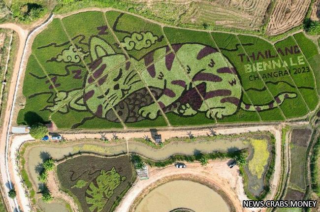 Фермер в Таиланде рисует огромных котиков на полях для туристов