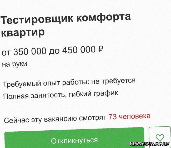 Вакансия: тестировщик комфорта жилья за 350-450 тыс. руб.